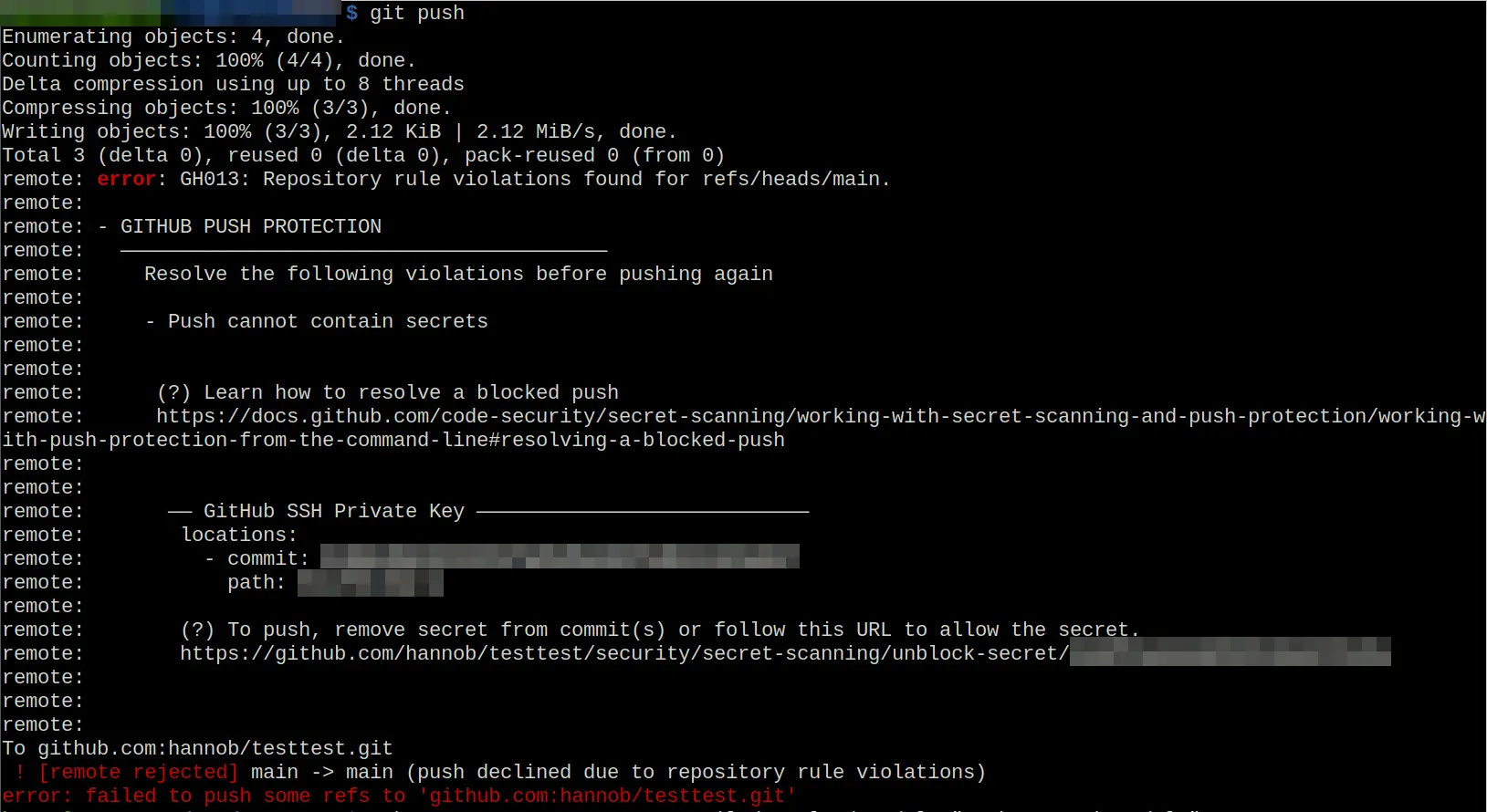 Github Secret Scanning rejects push